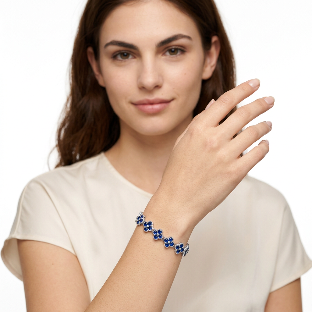 Silver and Blue Four-Leaf Clover Zircon Bracelet - Gold-Tone Alloy Lucky Charm Wristband with Full Crystal Pave, 22cm Elegant Fashion Jewellery for Women — image 6