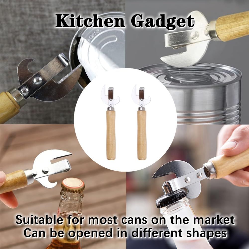 2 PCS Can Opener Vintage Can Opener Manual Can Opener Wooden Handle Bottle Opener Manual Side Cut Stainless โ image 4