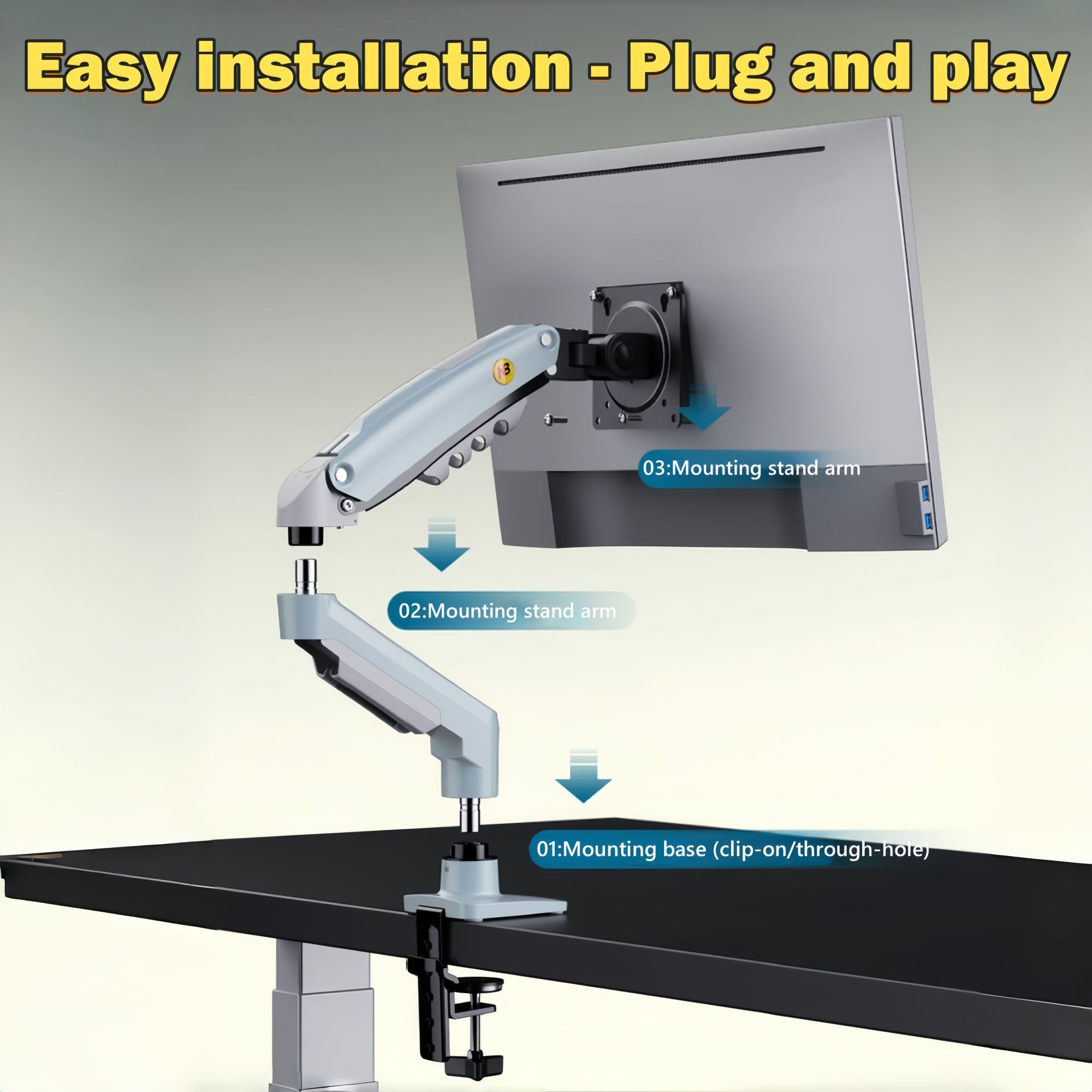 Single Monitor Arm for 17-30 Inch Screens,Height Adjustable Desk Mount Sliver Aluminium Monitor Stand, VESA 75/100mm with C-Clamp/Grommet Base&Gas — image 2