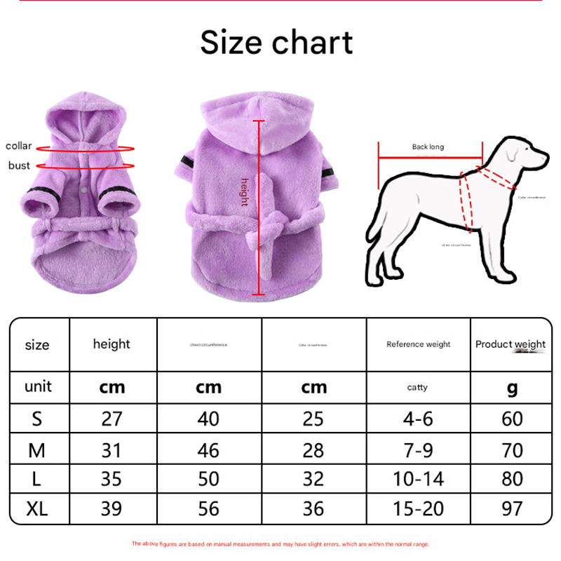 Purple Cozy Pet Bathrobe Sleepwear – Plush Fleece Dog Robe with Hood and Adjustable Waistband for Small to Medium Breeds(Size:L) — image 6