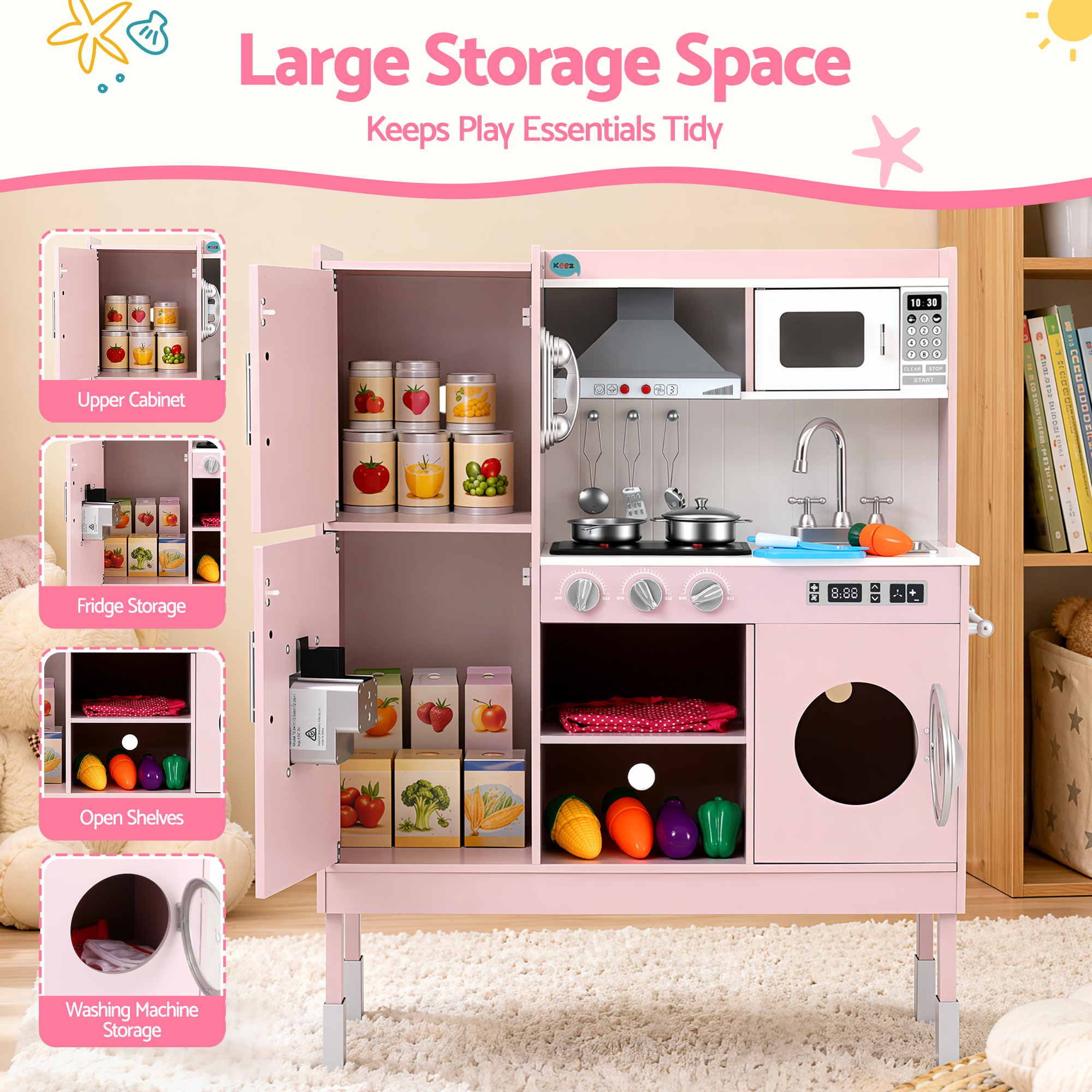 Keezi 102cm Wooden Pretend Kitchen Playset With Apron And Food Set1 Pink — image 6