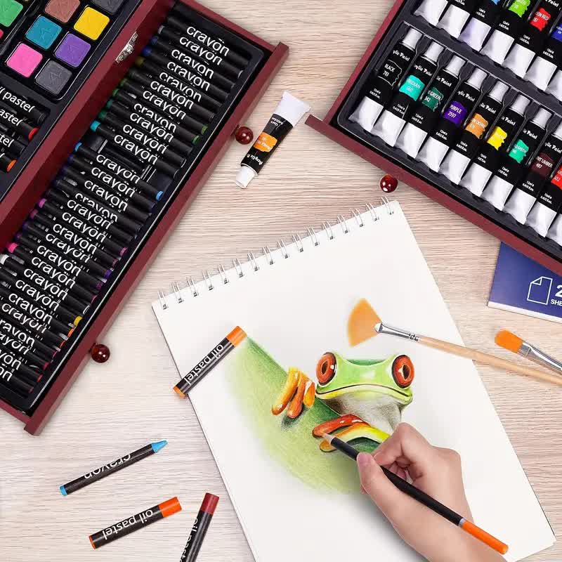 Black 175-Piece Deluxe Art Set with 2 Drawing Boards, Wax Crayons, Acrylic Paints, Colored Pencils, Wooden Storage Case – Professional Painting Kit, Art — image 4