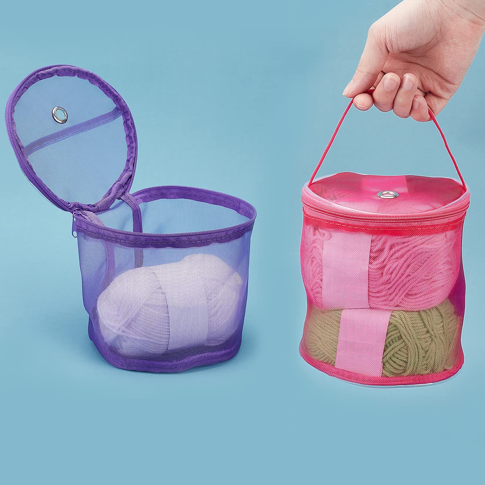 2 Pcs Empty Mesh Yarn Bags, Portable Knitting Bag Storage Cases Tote Bags Crochet Thread Sewing Accessories (Fuchsia and Purple) — image 4