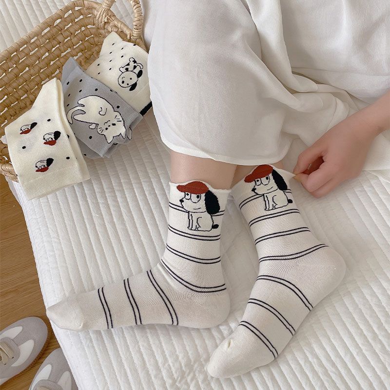 4 Pairs Women's Cartoon Animal Crew Socks (Four mixed)- Lightweight Breathable Mid-Calf Cotton Socks for Spring Summer, Casual Everyday Wear and โ image 5