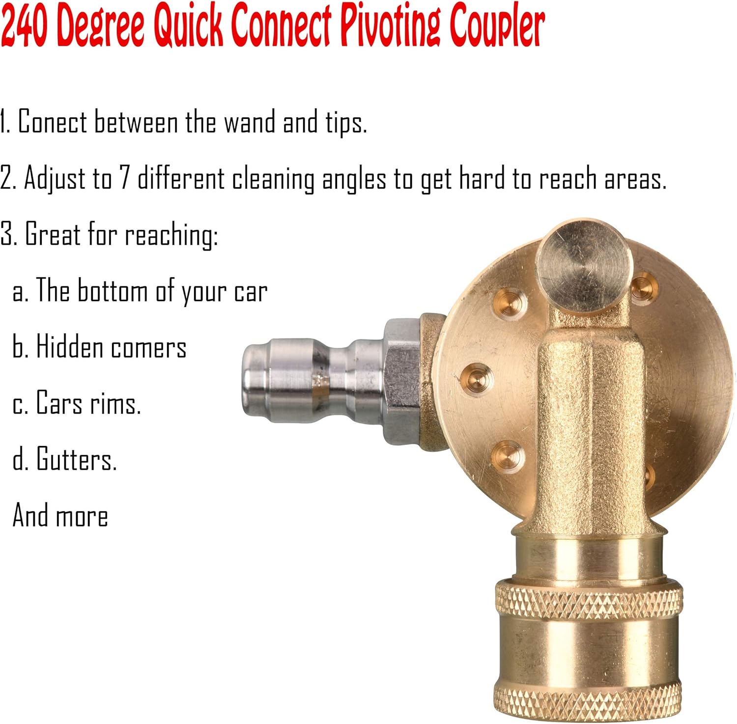 Pivoting Coupler for Pressure Washer Tips, Gutter Cleaner Attachment, 1/4 Inch Quick Disconnect, 240 Degree, 4500 PSI โ image 4