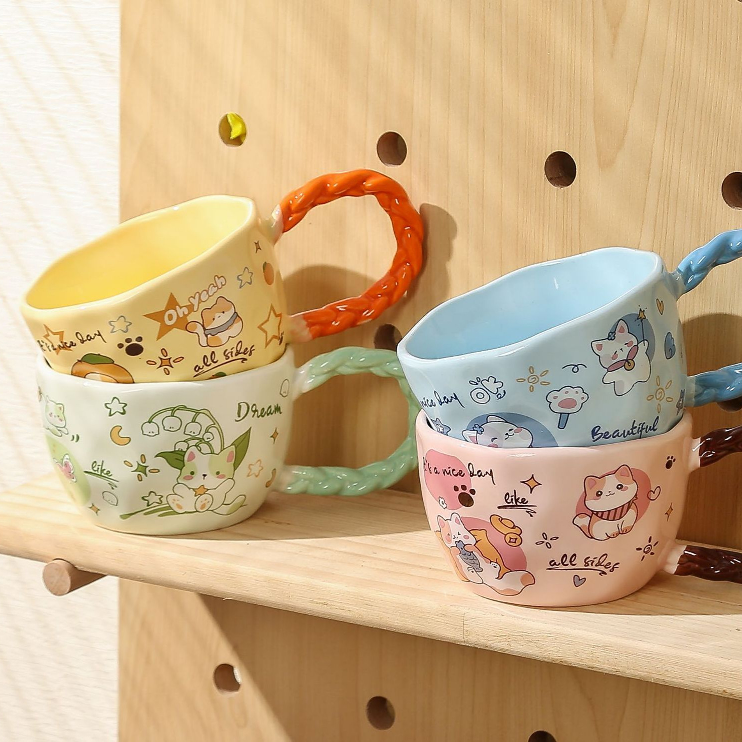 Whimsical Cat & Friends Ceramic Mug - 320ml with Unique Twisted Handle (pink) โ image 3