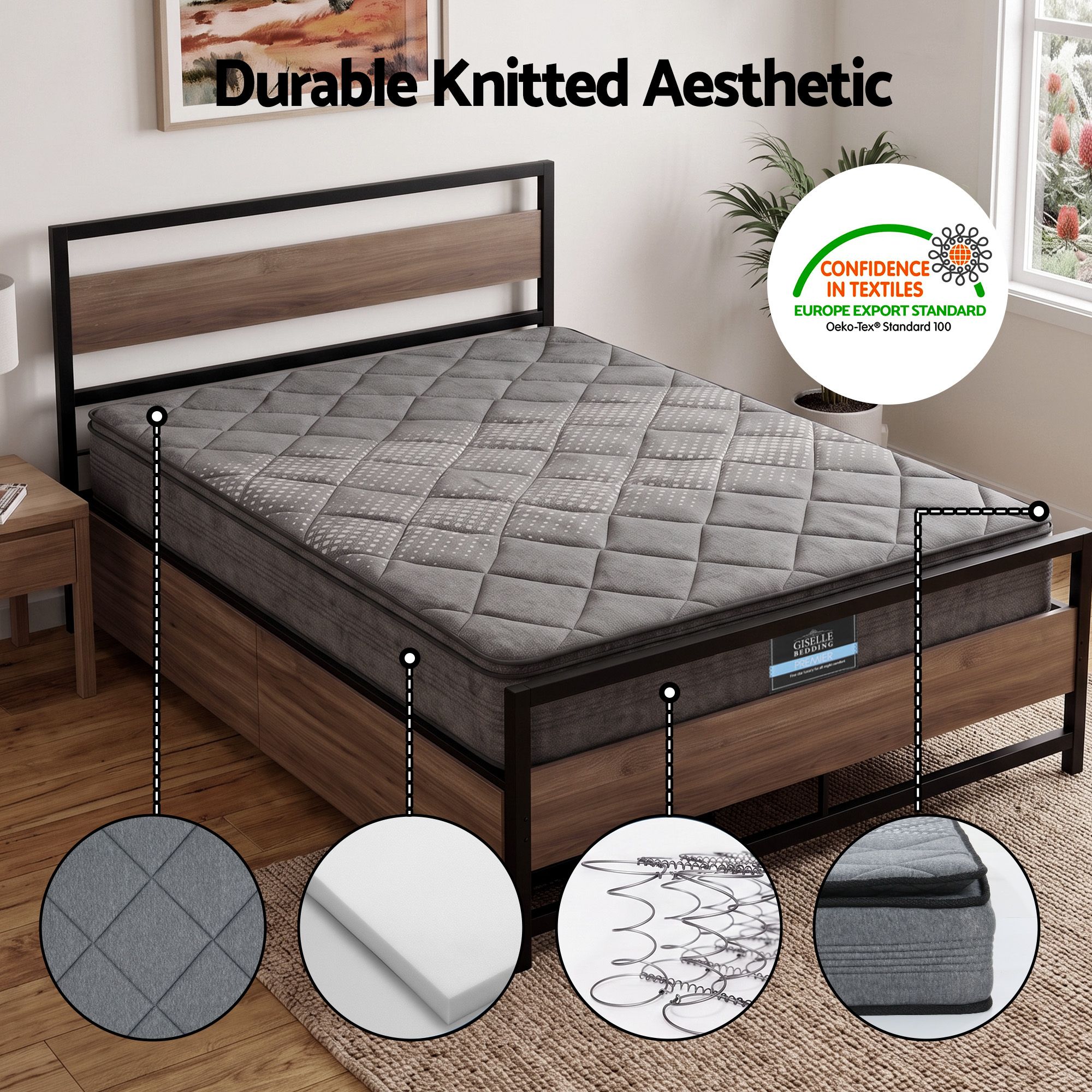 Giselle 18cm Queen Mattress Pillowtop and Artiss Metal Bed Frame Set With 2 drawers โ image 4
