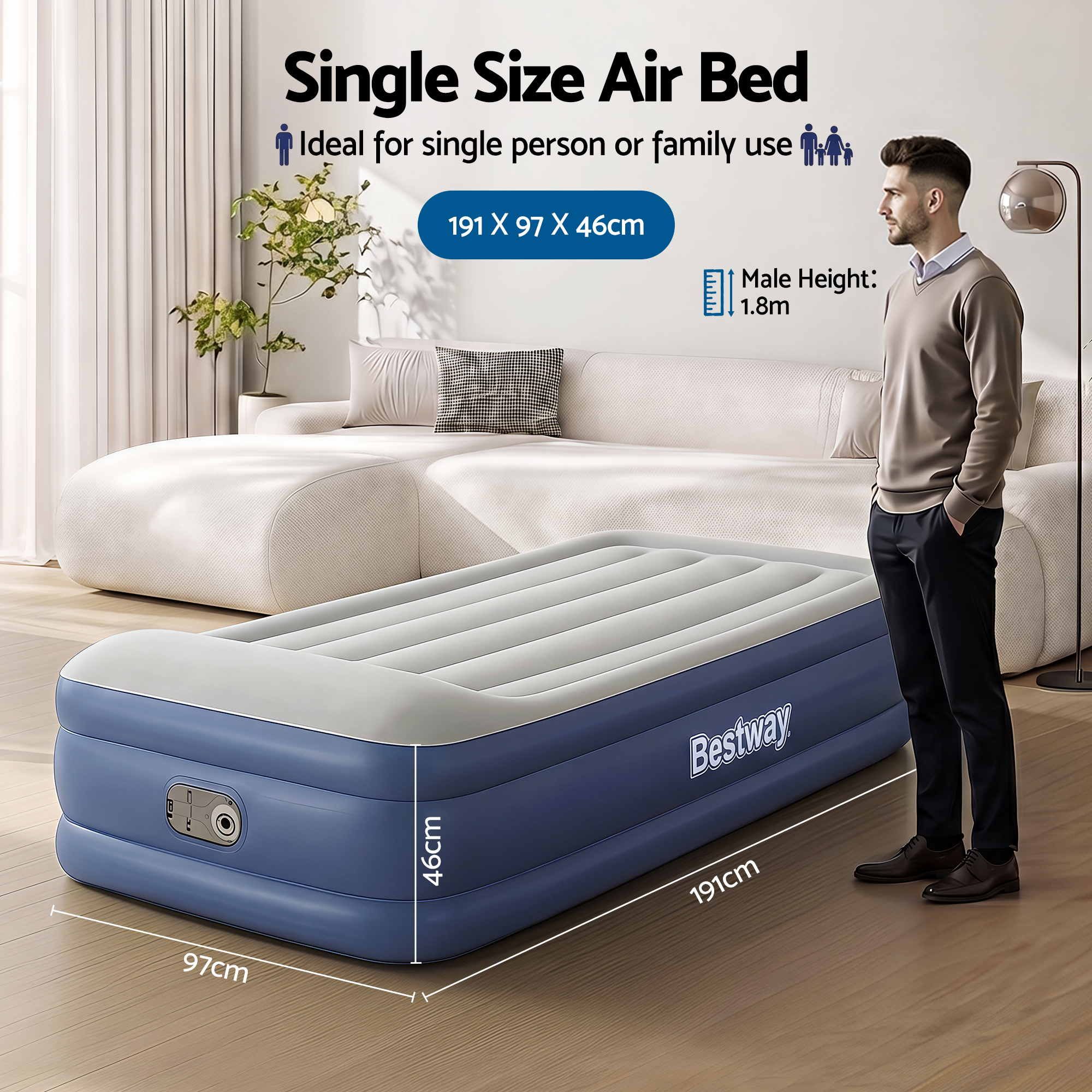 Bestway Single Air Mattress with Built-in Pump Tritech Inflatable Bed 46cm โ image 2