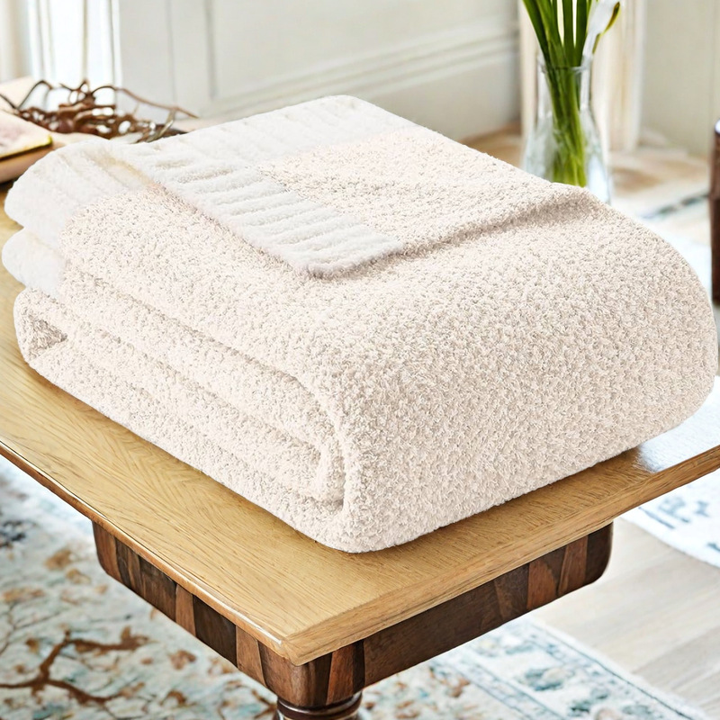 Beige and White Plush Chenille-Knit Throw Blanket - Soft Cozy Polyester for Bed & Sofa | Textured Two-Tone Design (127 × 153cm)