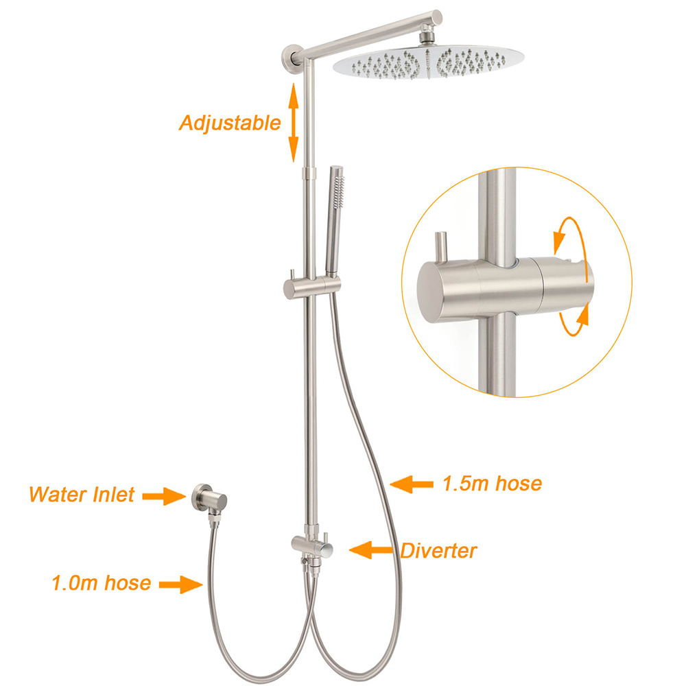 Brushed Nickel 2in1 Set Round 12" Rain Head Shower Single Mode Handheld Sliding RailWall Mixer — image 2