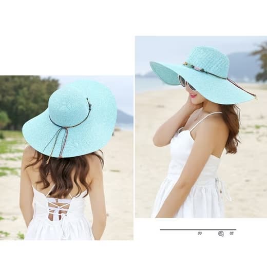 Women's Wide Brim Straw Hat UPF50+ Sun Protection Foldable Beach Hat, Light Blue — image 3