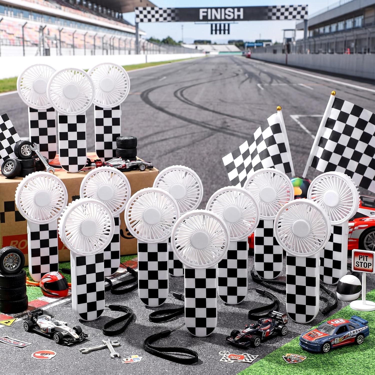 12 Pcs Race Car Party Favors Portable Fan Bulk Mini Handheld Personal Fans Checkered Black and White for Team Gift Travel Summer Outdoor Decorations — image 6