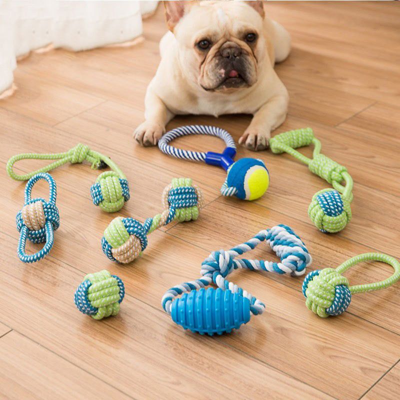Sour bear Dog Chew Toy Cotton Rope Molar Bite Resistance Three-color dumbbell blue and green โ image 3