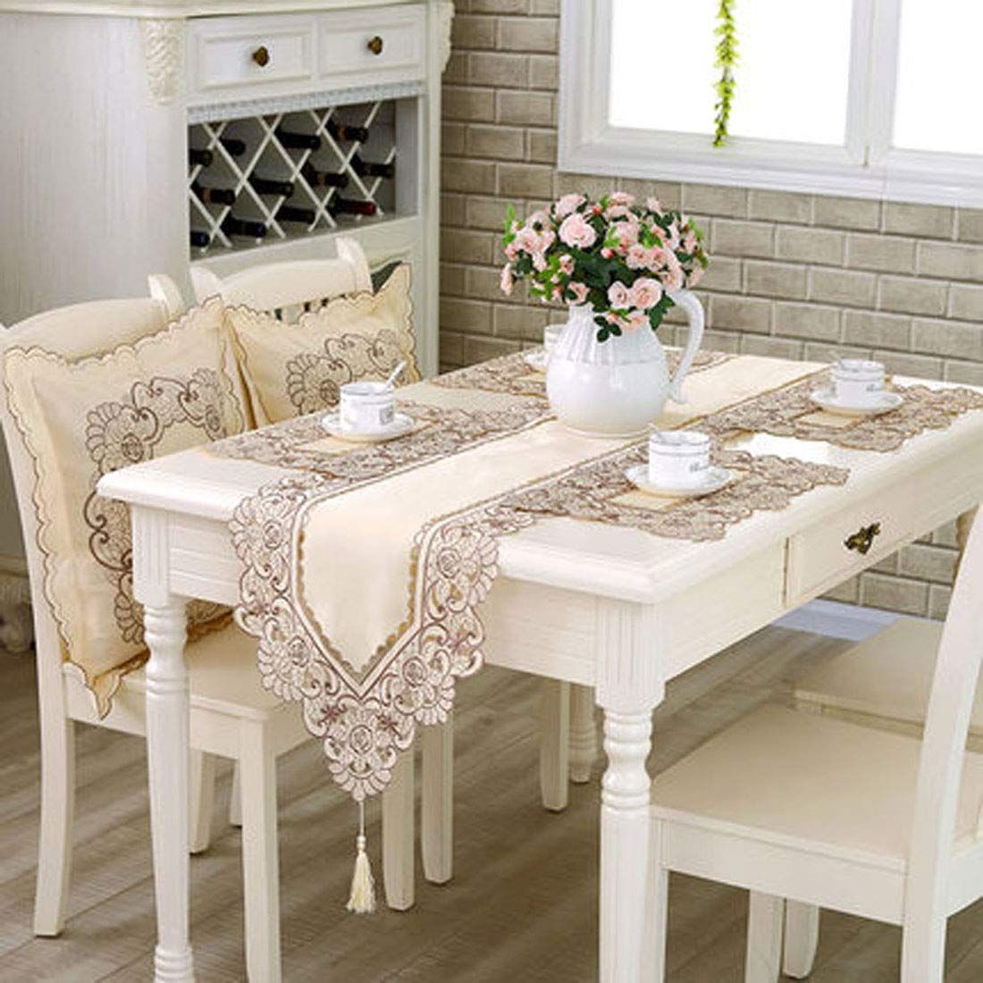 17 Inch X 11 Inch Embroidered Flower Brown Place mats, Set of 4, Elegant Classic Washable Lace Place Mats, Home Decoration Party