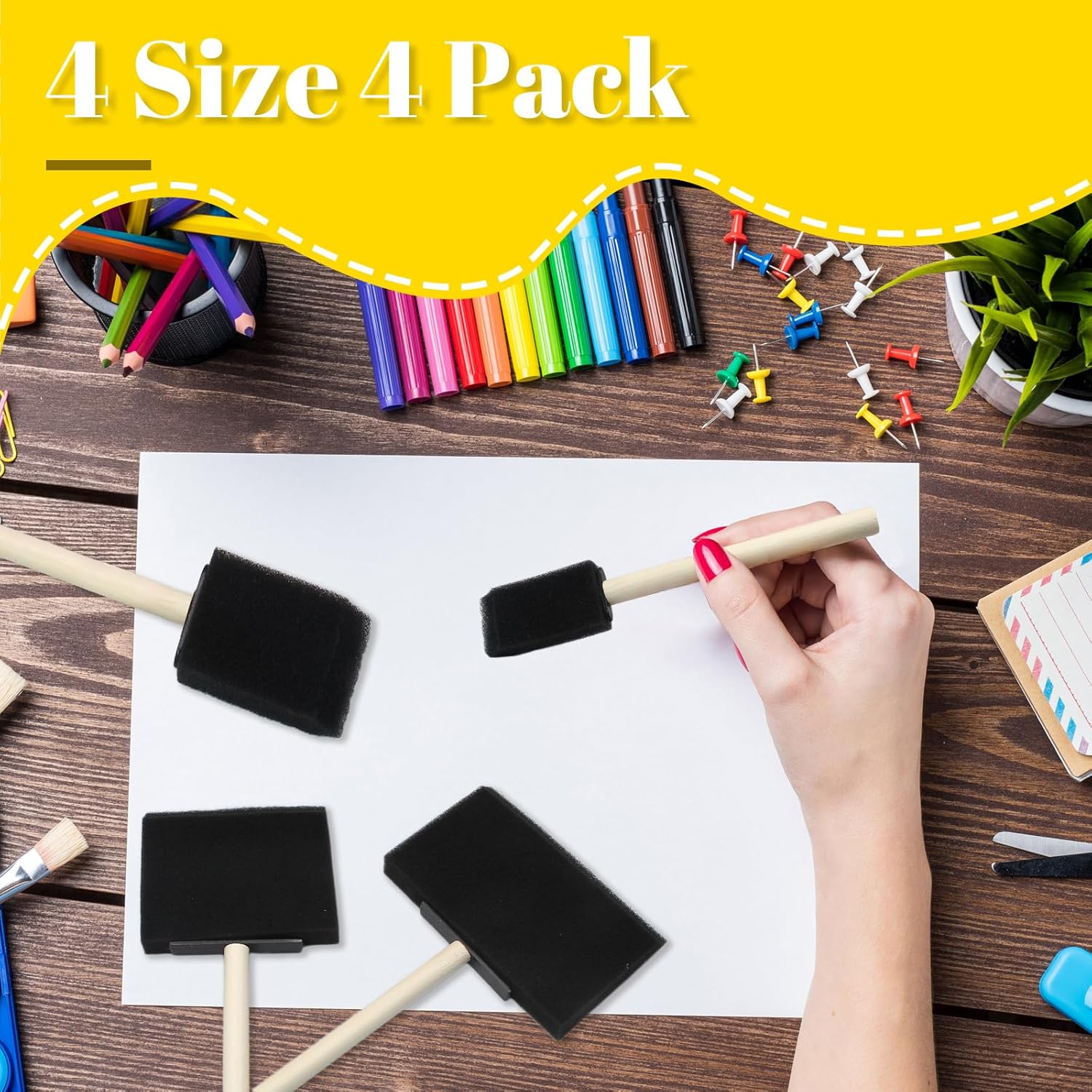 Biaungdo 4 Pcs 4 Sizes Foam Paint Brushes, Foam Sponge Brush for Painting, Sponge Paint Brushes with Wood Handle for Varnishes, Staining, DIY Crafting โ image 3