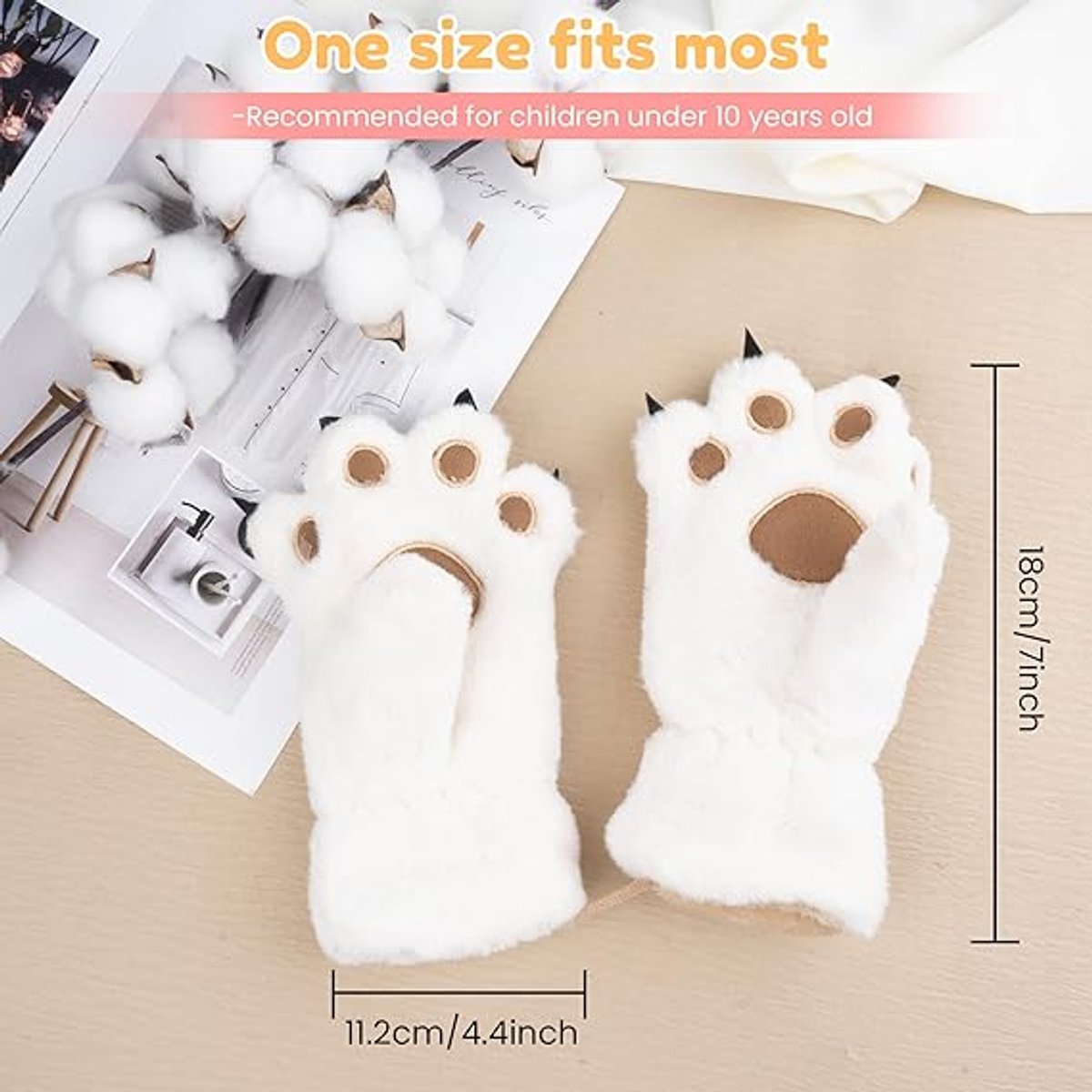 Gloves - 1 pair - Winter gloves - Cartoon gloves - Neckband - Children's gloves - Warm gloves - Plush gloves - One size(White) — image 5