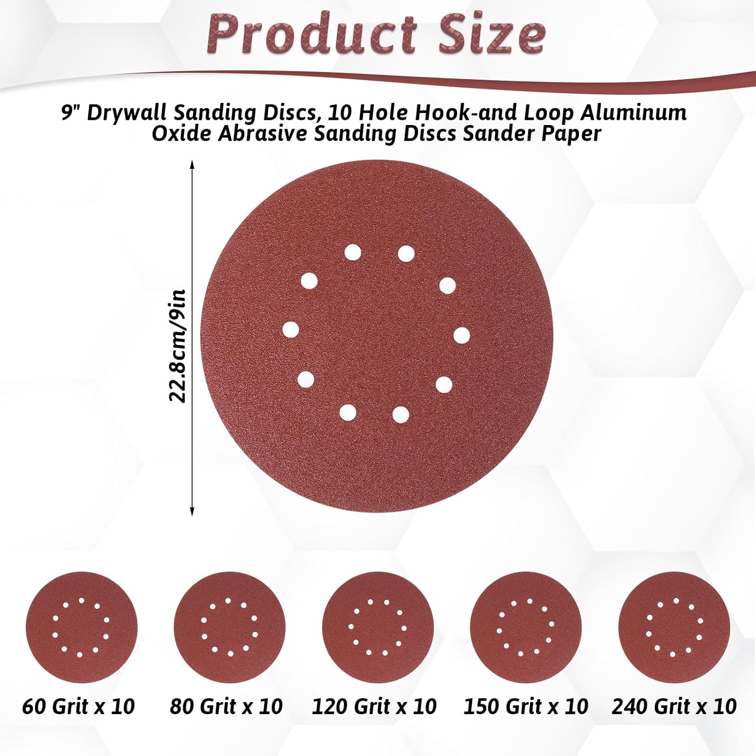 50 Pcs 9-Inch 10-Hole Drywall Sanding Discs Set, 10 Each of 60 80 120 150 240 Grits Hook-and-Loop Sanding Discs for 9" Drywall Sander, Wood Furniture Finishing โ image 2