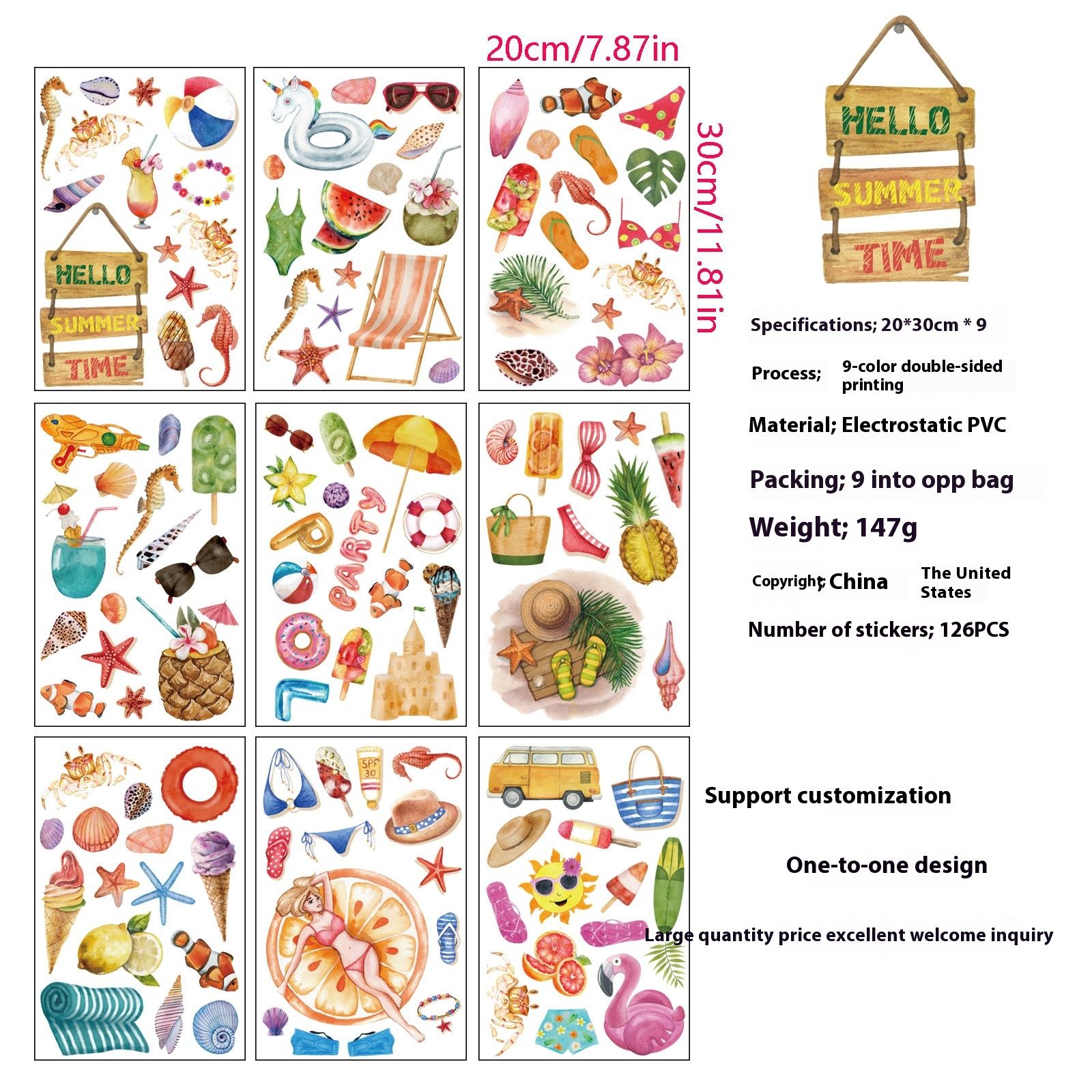 126 Pieces Summer Window Clings Stickers Hawaiian Window Decal with Sun Beach Drinks for Wall Glass Refrigerator Car ,8 Sheets — image 5