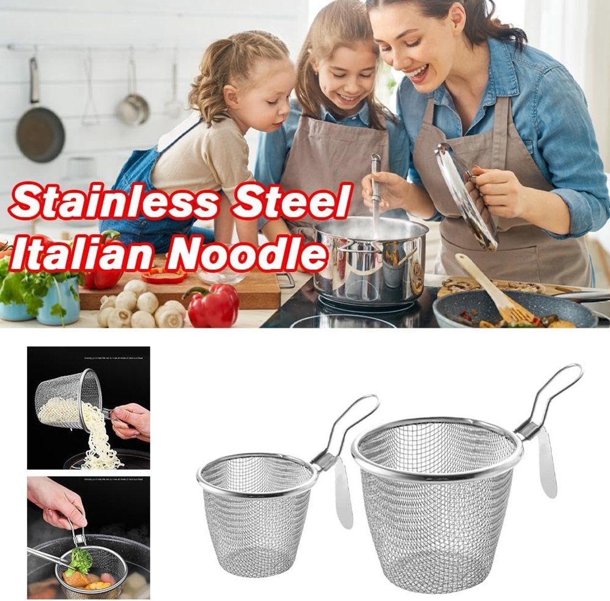 Stainless Steel Pasta Cooking Basket with Clip Handle, Fine Mesh Hanging Strainer for Pasta, Ramen, Pho and Vegetables โ image 4
