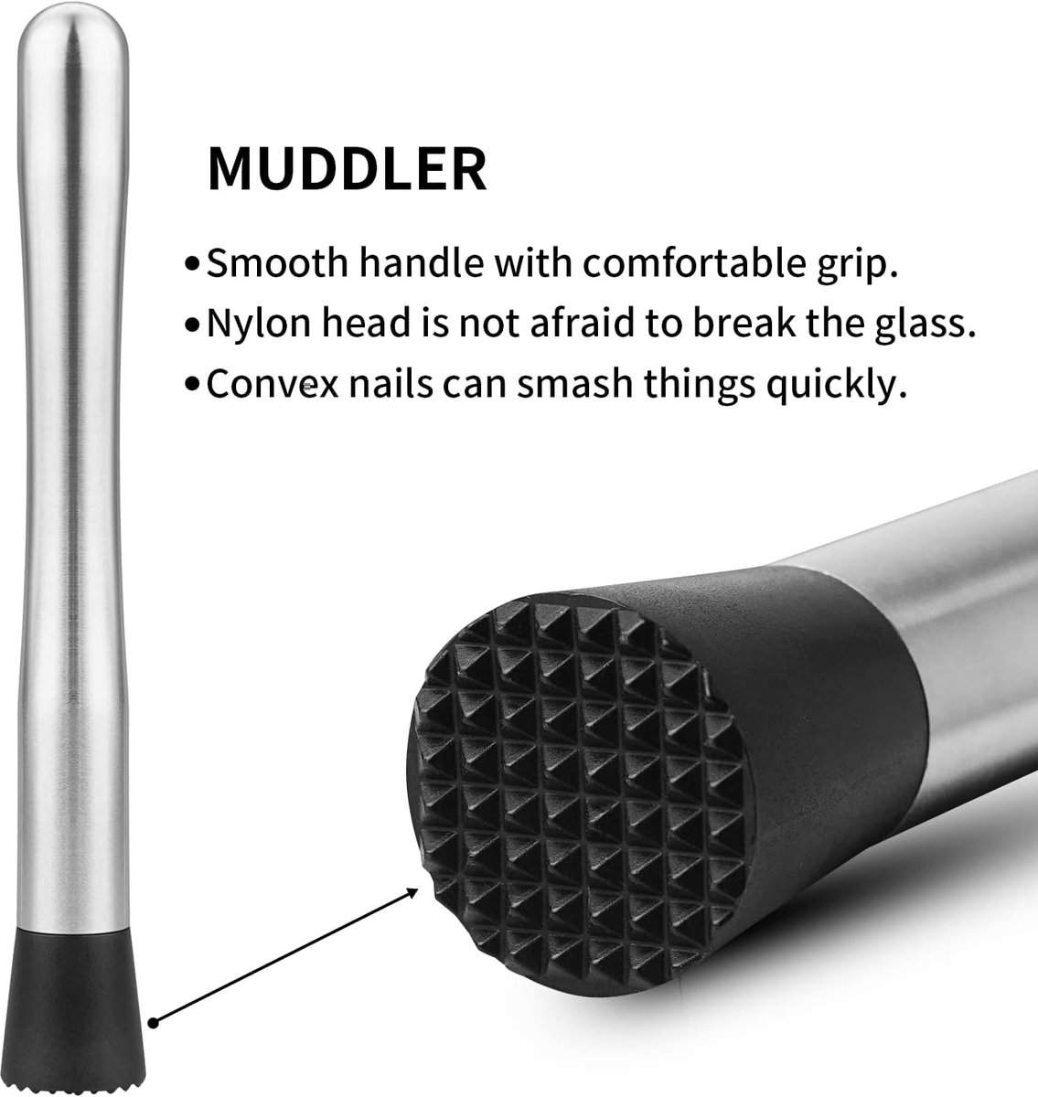 Cocktail Muddler & Stirrer - 25 cm 2-in-1 Bar Tool - Stainless Steel with Long Handle - For Mojitos and Fruit Drinks — image 3