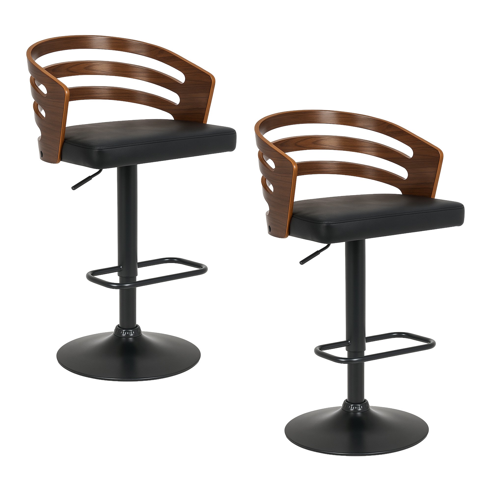 Sarantino Set Of 2 Bentwood Walnut Barstool Adjustable Height Swivel Footrest