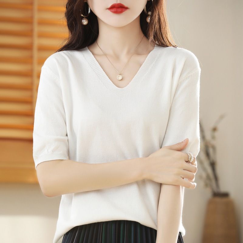 Women V Neck Knit Sweater Half Sleeve Pullover Autumn leaves yellow Size: S; Height (cm): 155-160; Weight (kg): 45-50; Bust (cm): 82-86; Waist (cm): 66-70 โ image 3
