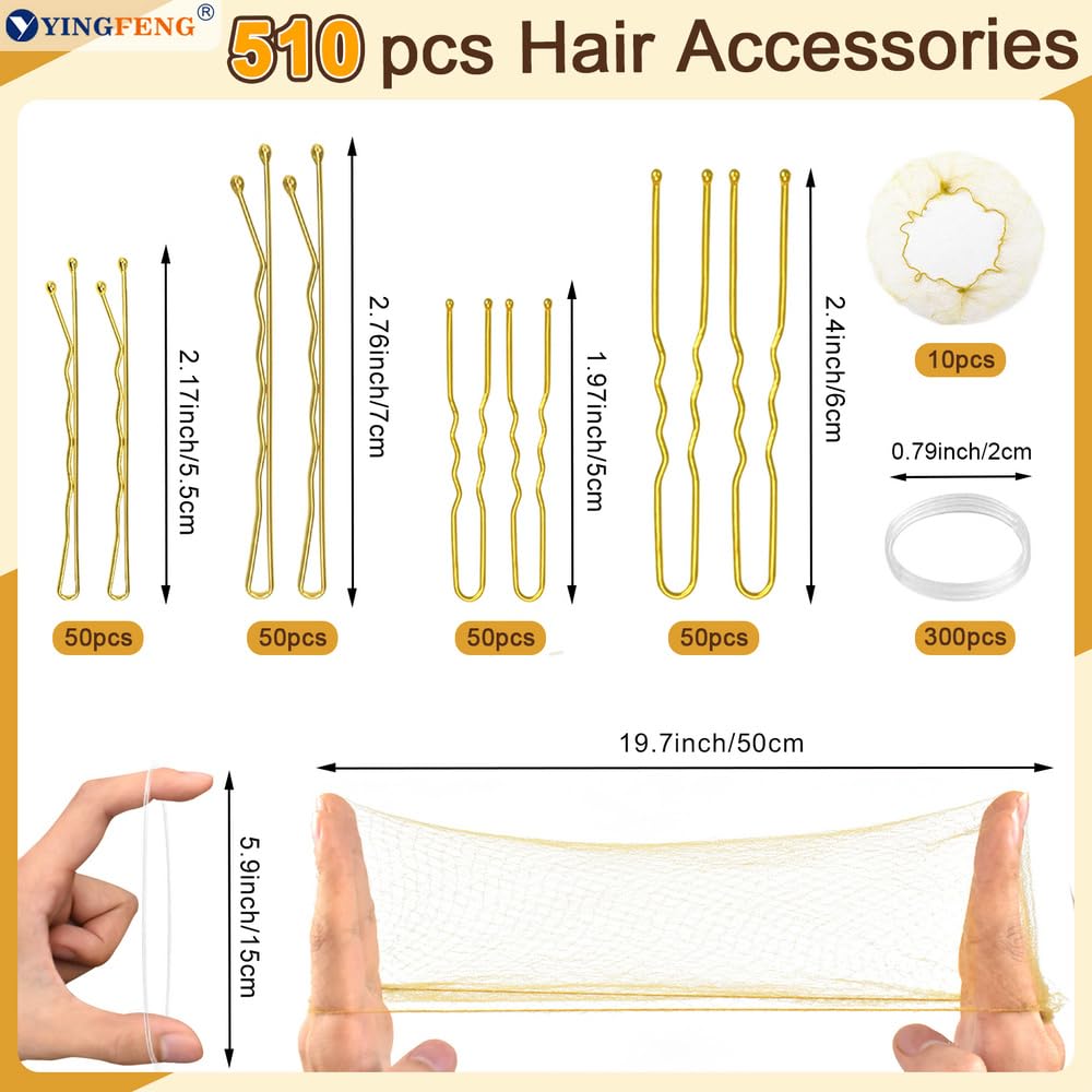510PCS Blonde Bobby Pins Hair Pins Kit with Hair Net, Includes 100 Bobby Pins for Women, 100 U Shaped Buns Hair Clips, 300 Hair Bands and 10 Blonde Hair Nets — image 3