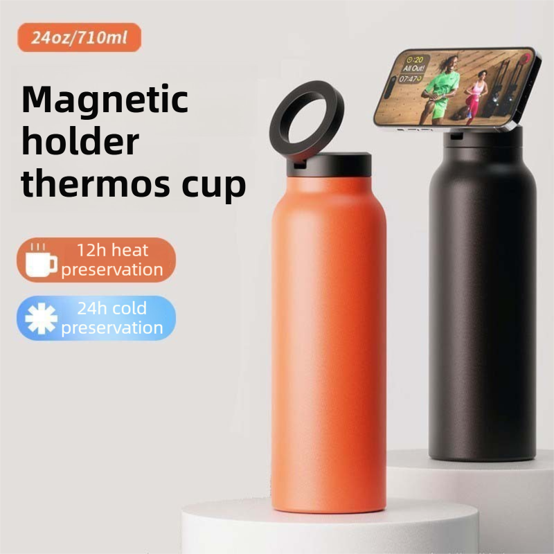 Black 24oz Stainless Steel Insulated Water Bottle With 90° Adjustable Vertical/Horizontal Magnetic Phone Holder - Ringo Style Magnetic Lid Sport Flask — image 2