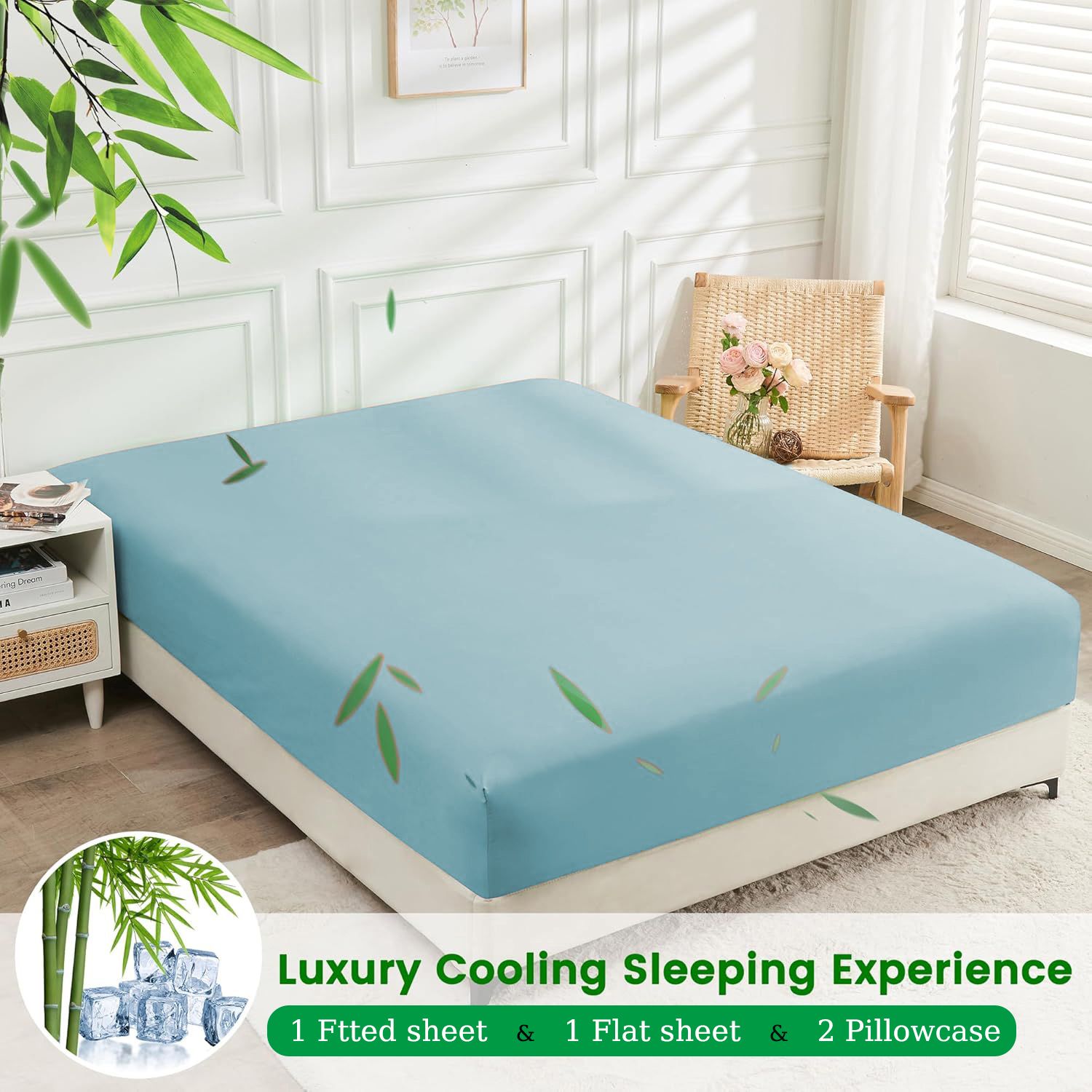 4 Piece Ultra Soft Bamboo Breathable Sheet Set -Hotel 2000TC Breathable Bed Sheets Set with 37 Centimetre Deep Pocket-Breathable Sheets for Hot Sleepers(Sky — image 2