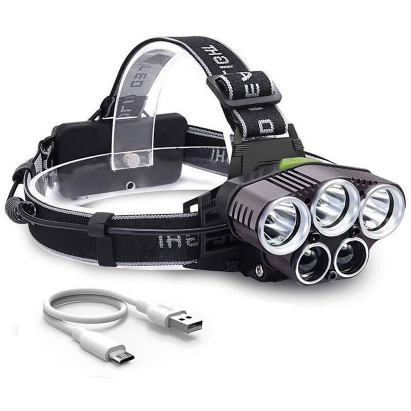 Rechargeable Headlamp 5 LED USB Head Torch 6 Modes Black