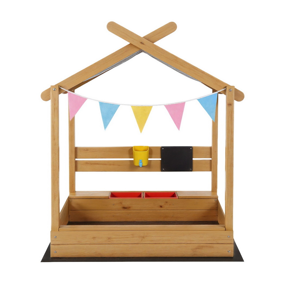 Keezi Kids Sandpit Wooden Sandbox Sand Pit with Canopy Water Basin Toys 146cm — image 3