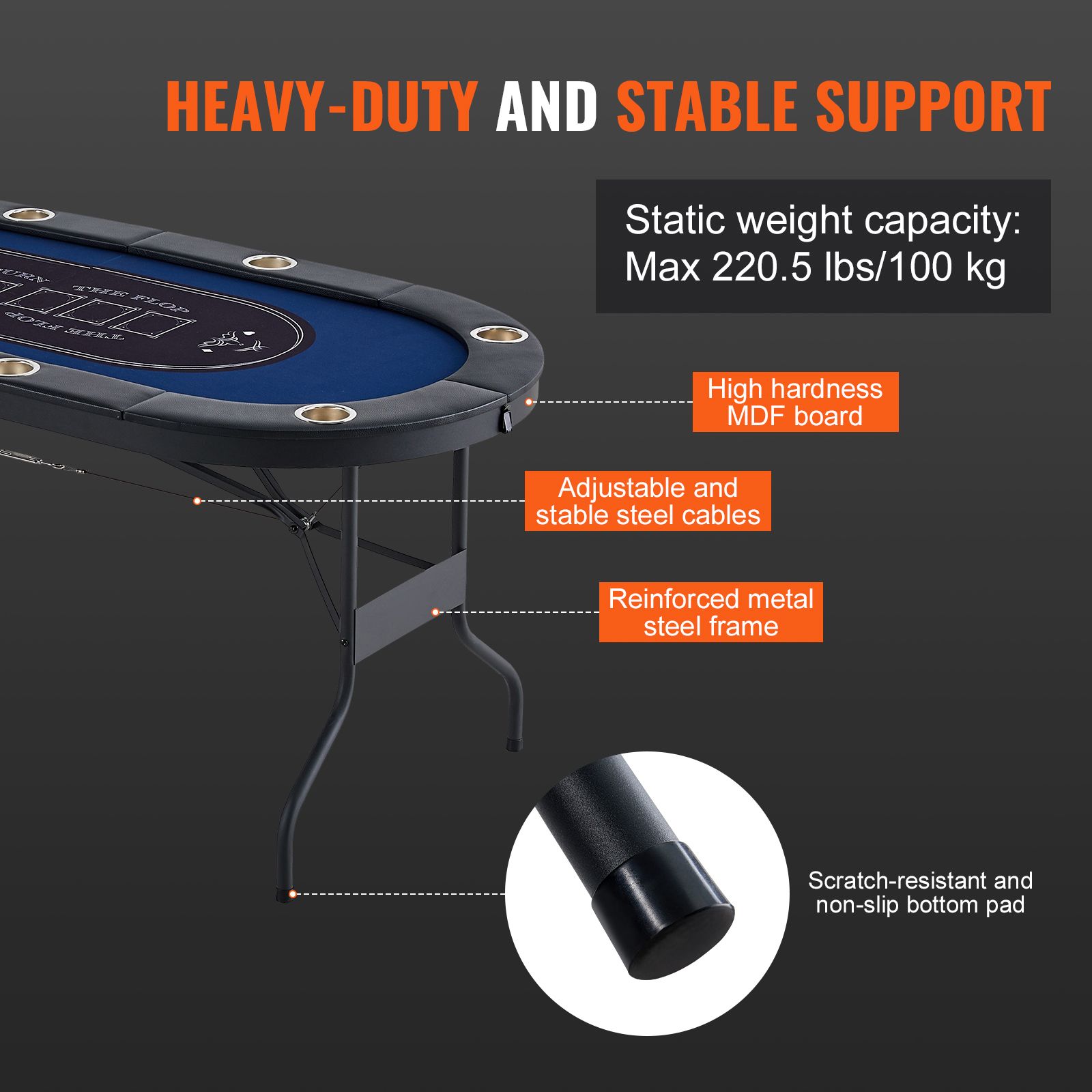8 Player Foldable Poker Table, Blackjack Texas Holdem Poker Table with Padded Rails and Stainless Steel Cup Holders, Portable Folding Card Board Game — image 6