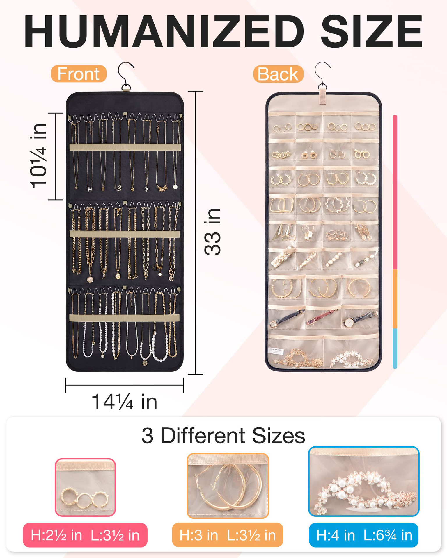 Black Hanging Jewelry Organizer - Closet Storage for Necklaces, Earrings, and Rings with Clear Pockets(14*33inch) — image 2