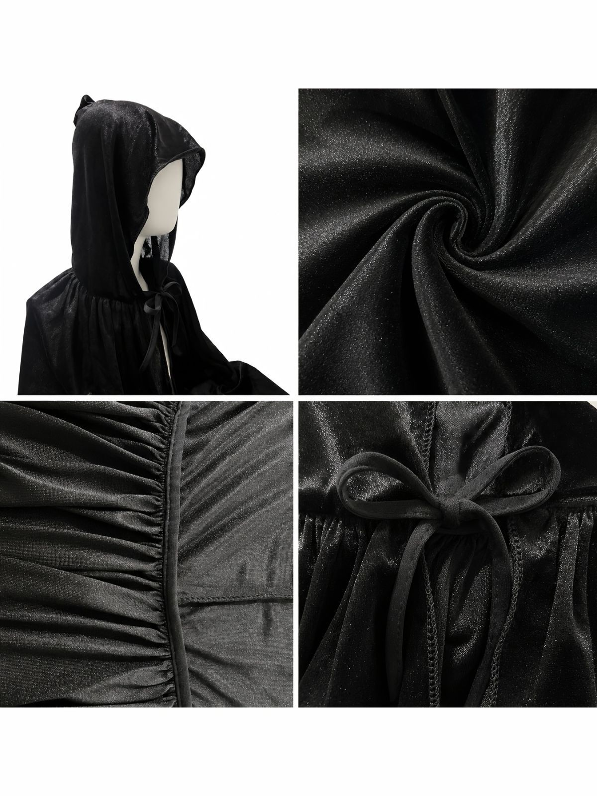Black Velvet Cape Hooded Cape Cosplay Cape Halloween Costume Cape Party Cape - Black - Size XXL — image 4
