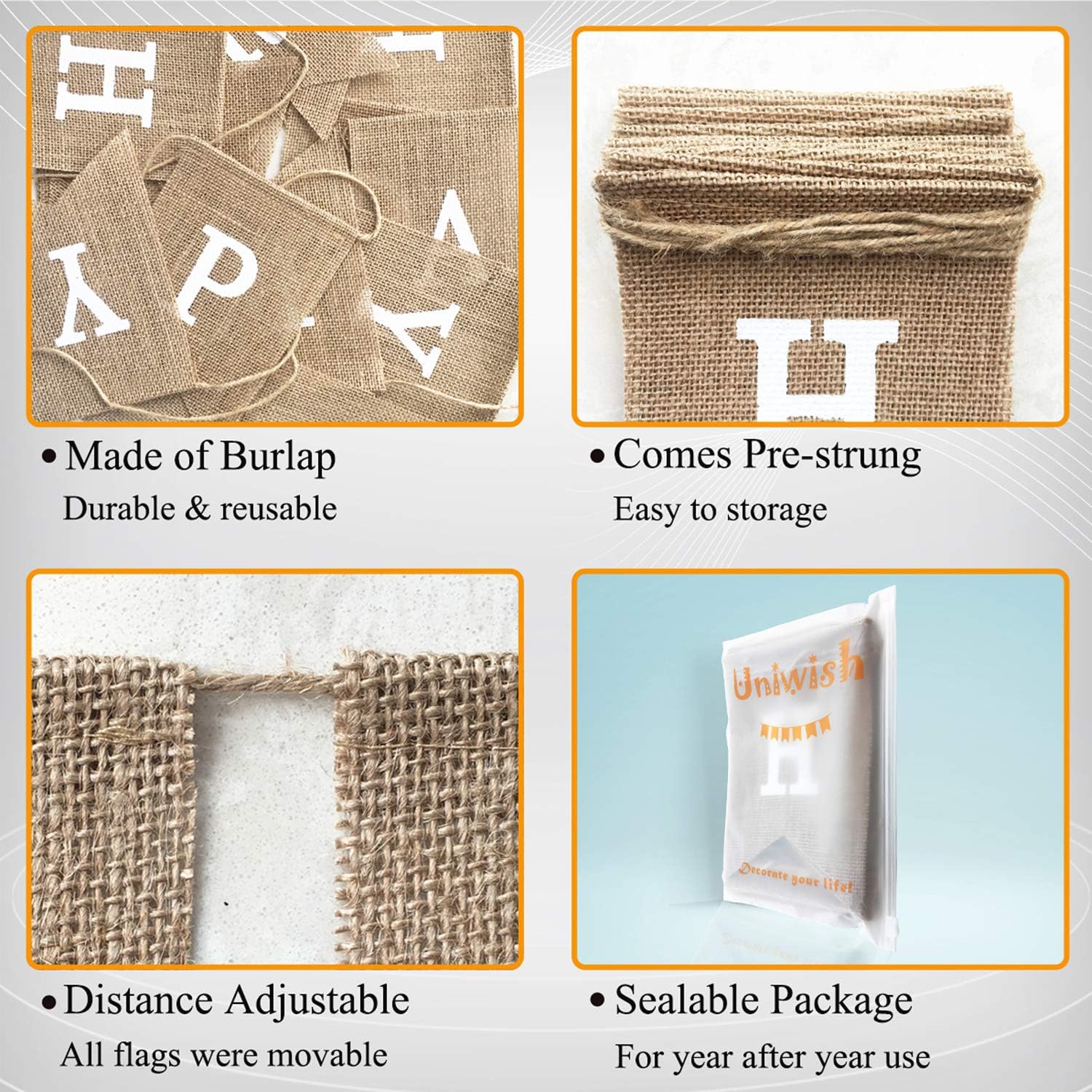 Happy Birthday Banner for Birthday Party Decorations, Rustic Burlap Bunting Swallowtail Flags, 2 in 1 — image 2