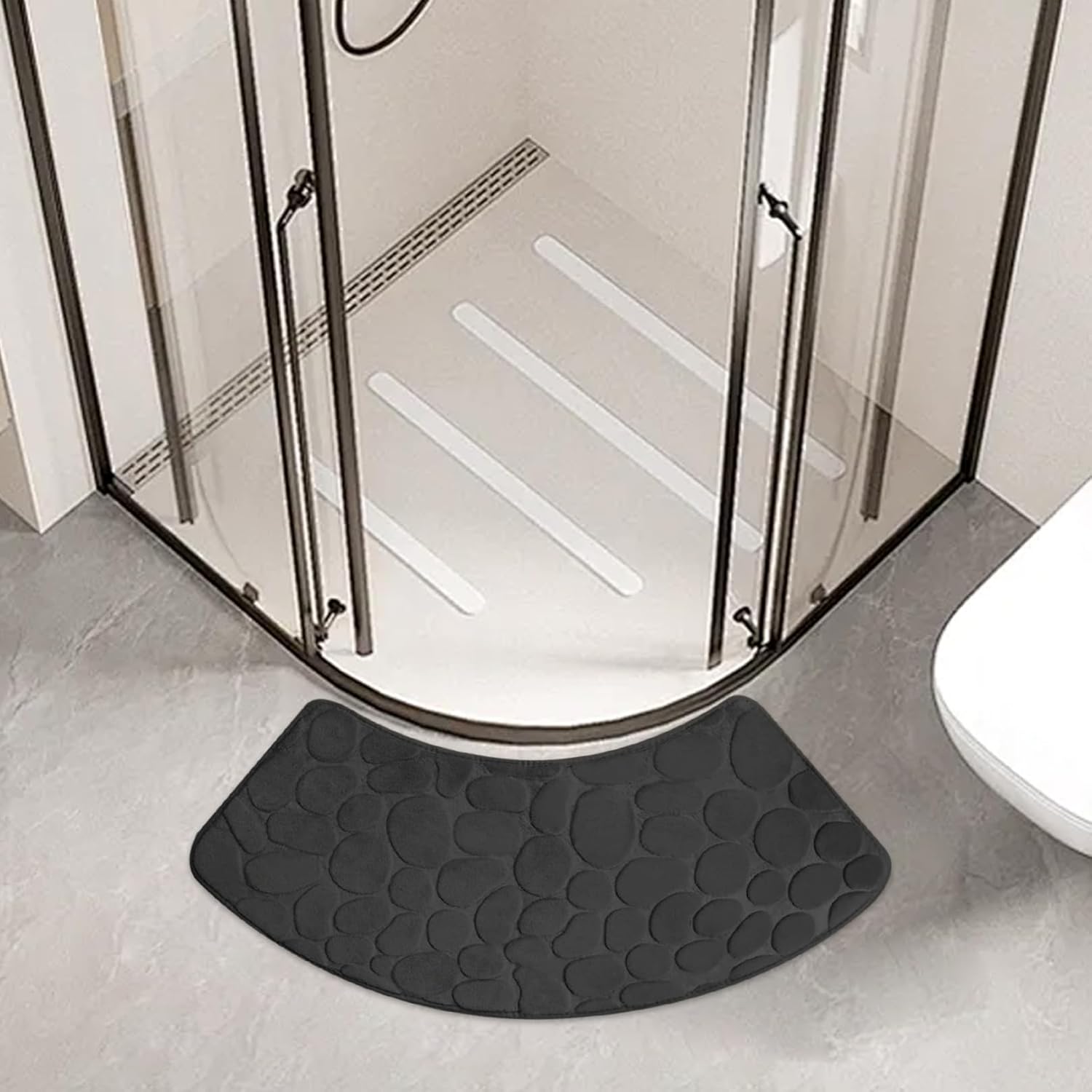 Bath Mat, Curved Shower Mat Non-Slip Quadrant Shower Mat Super Absorbent Corner Shower Mat Machine Washable Fan-Shaped Bathroom Carpet Rugs, Black, 16x39 โ image 4