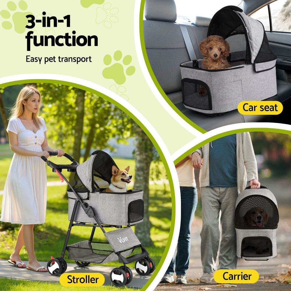 i.Pet Pet Stroller Dog Pram Cat Carrier Travel Large Pushchair Foldable 4 Wheels Grey โ image 4