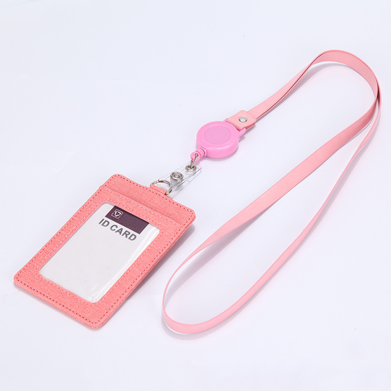 Retractable ID Badge Holder with Lanyard, PU Leather Work Card Holder for Office Staff Nurse Teacher Student ID Card- Pink