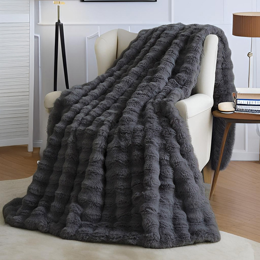 Black Grey Luxury Tuscany Fleece Rabbit Fur Bubble Blanket (140 x 200 CM) - Double-Sided Thickened Soft Plush Bedding & Sofa Throw โ image 4