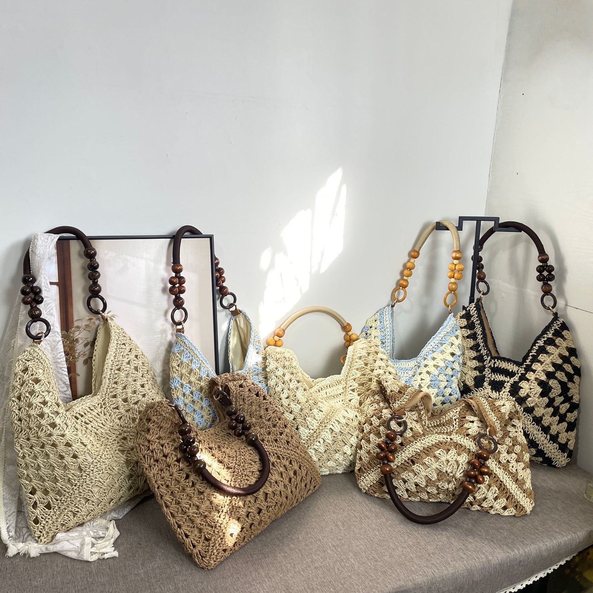 Elegant Paper Rope Crochet Woven Shoulder Bag, Sky Blue Solid Straw Handbag, Lightweight Vacation Beach Tote, Christmas Halloween Travel Accessory Gift — image 2