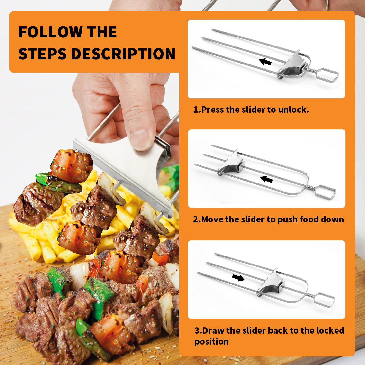 Skewers for Grilling,3 Prong Metal Grill Skewers with Push Bar Slider,14'' Premium Stainless Steel Skewers(2PCS) — image 5