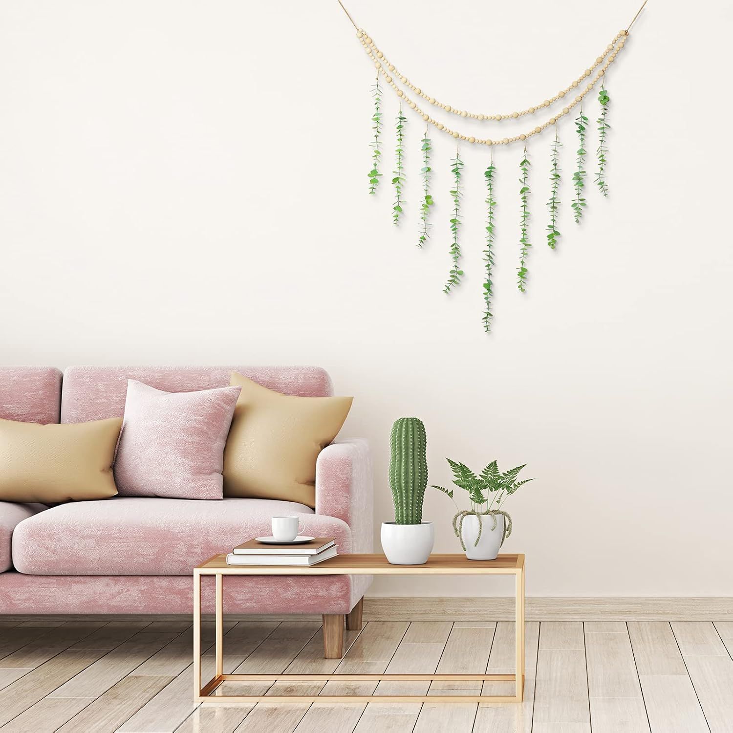 Hanging Eucalyptus Boho Wall Decor Large Boho Bedroom Wall Hanging Wooden Bead Garland Artiicial Eucalyptus Natural Greenery Decoration, 36 x 36 Inch โ image 2