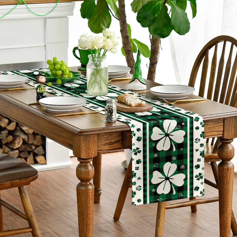 Green Clover Buffalo Plaid Shamrocks St. Patrick's Day Table Runner, Seasonal Kitchen Dining Table Decoration for Indoor Home Party 13 × 72 Inch — image 4