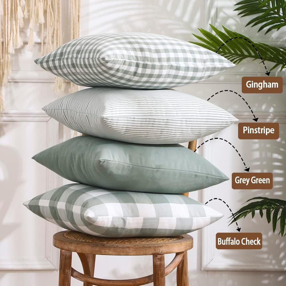 Light Blue Farmhouse Buffalo Plaid Pillow Covers 18x18 Set of 2 Patio Outdoor Decor Neutral Checkered Pillow Covers 18 x 18, Blue and White Gingham Pinstripe โ image 2