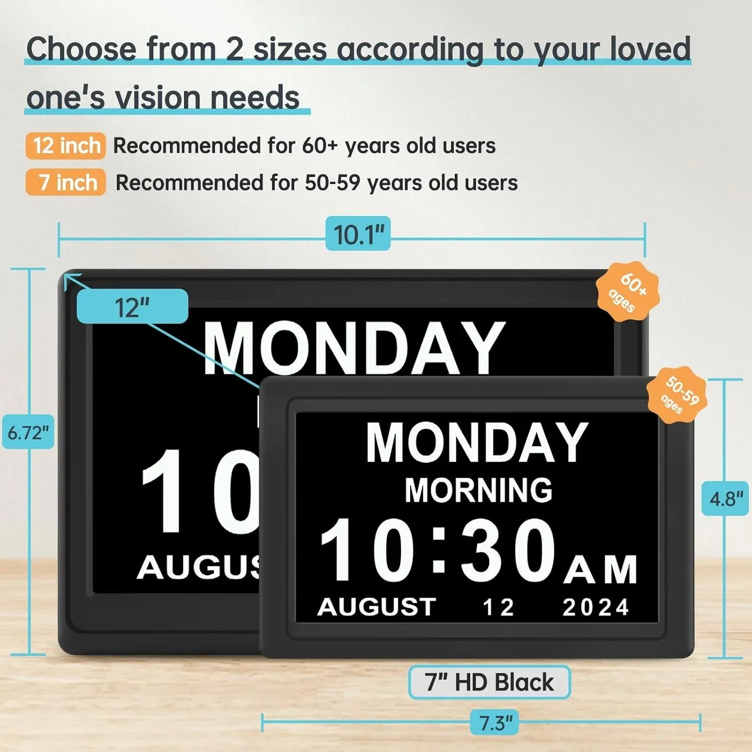 Dementia Digital Clock for Seniors, Extra Large Electric Calendar Clock With 20 Alarms Auto DST and HD Display, 10 in, 1024 × 600P — image 2