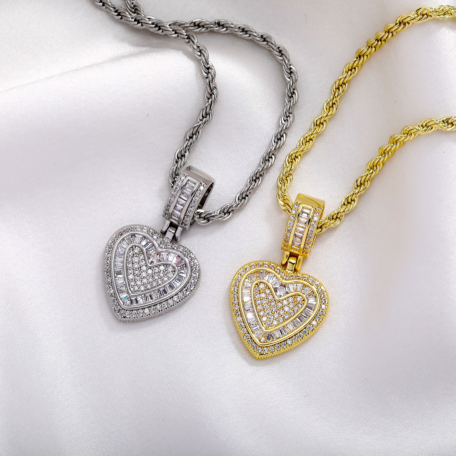 Iced Out Heart Pendant Necklace - 5A+ CZ Stones, 14K Gold Plated with Rope Chain(gold) — image 3