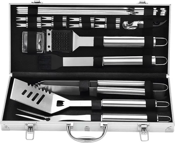 20 Piece Stainless Steel BBQ Grill Tool Set with Spatula, Tongs, Fork and Aluminium Case for Camping, Picnics and Outdoor Cooking