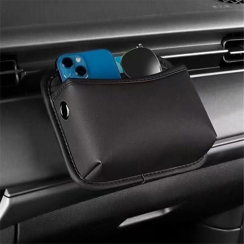 Car Storage Bag, Leather Small Debris Organizer, Hanging Cell Phone Mobile Paste Type Bag for Stowing Tidy, Universal Accessories(Black) — image 2