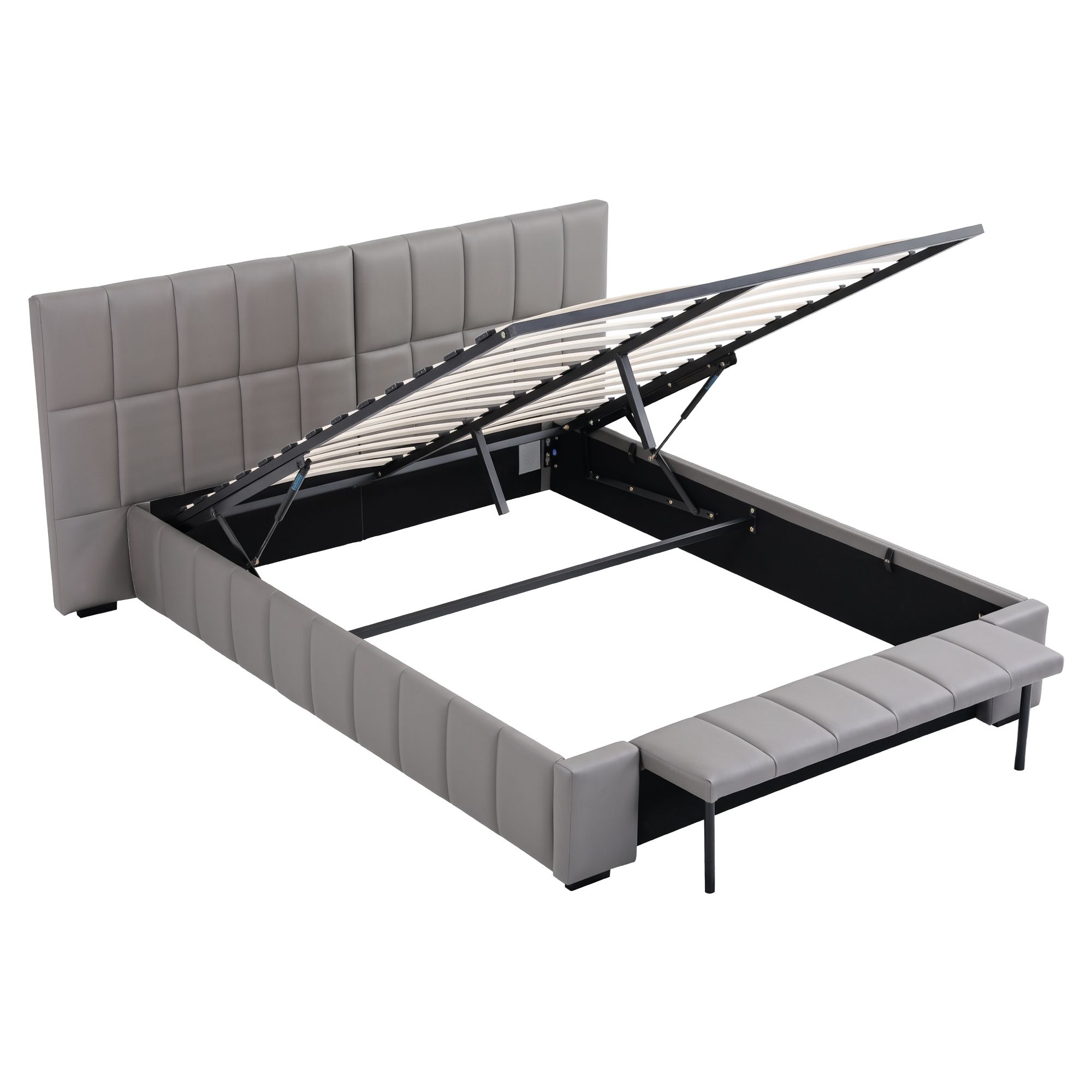 Artiss Double Size Upholstered Gas Lift Bed Frame with Foldable Bench PVC Leather Platform Bed with Storage — image 2