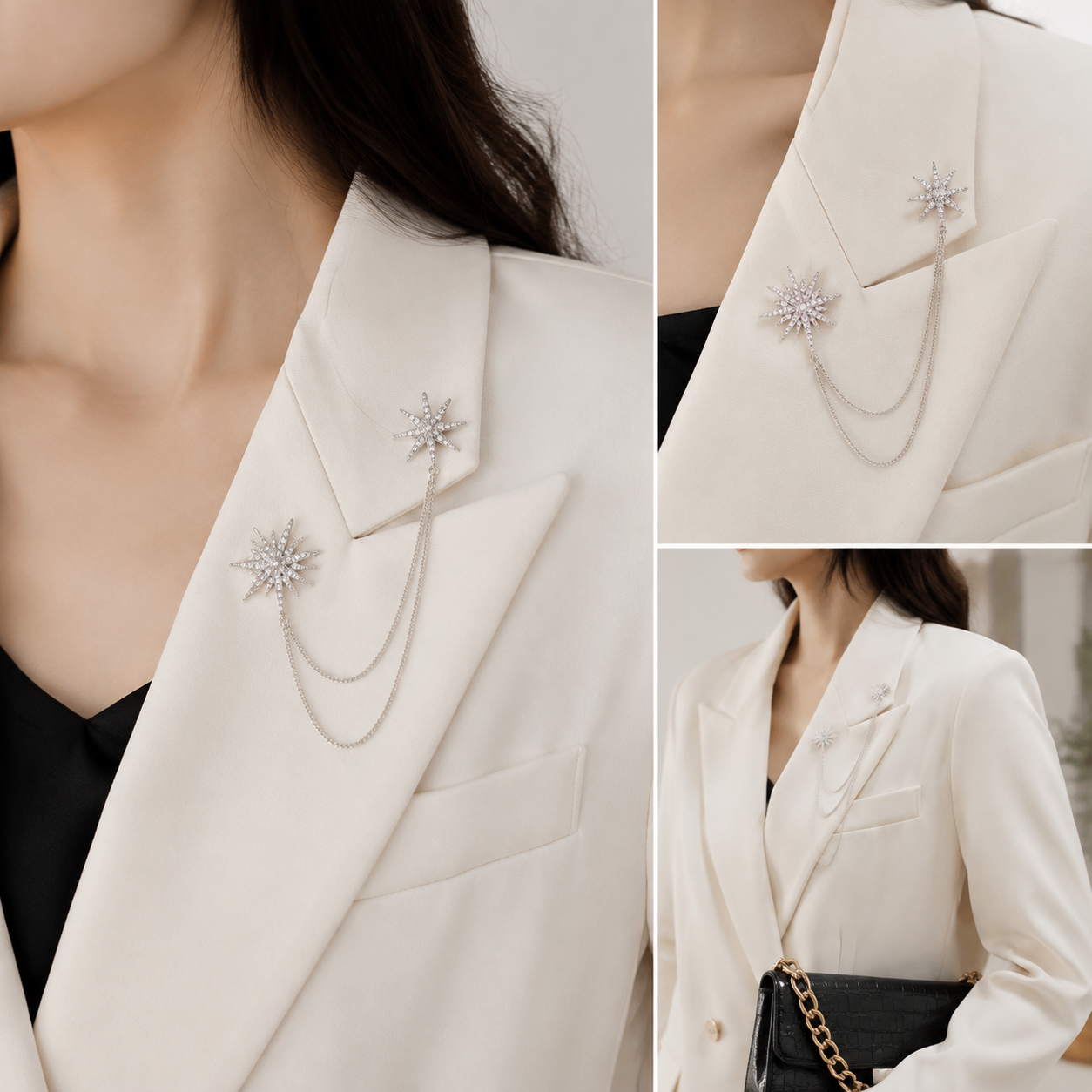 Asymmetric Star Chain Brooch - Rhinestone Double Star Pin with Layered Chains, Elegant Lapel Badge for Women Blazer Coat Dress, Silver Tone โ image 2